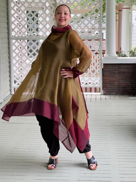 DTH 100% Silk Organza Long Tie-Back Top - Bronze/Maroon