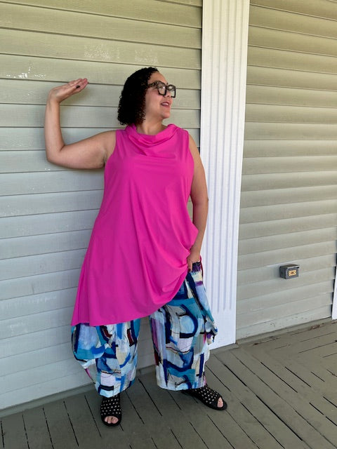 Hot Pink Cowl Neck Sleeveless Drape Top