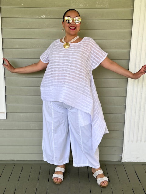 DTH White Pleated Linen Sideways Top