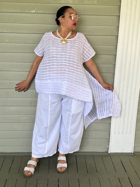 DTH White Pleated Linen Sideways Top