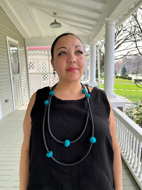 Long Rubber Necklace with Felt Beads (Teal or Pink)