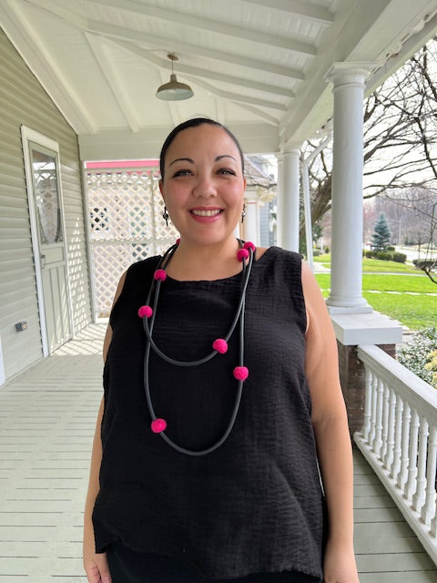 Long Rubber Necklace with Felt Beads (Teal or Pink)