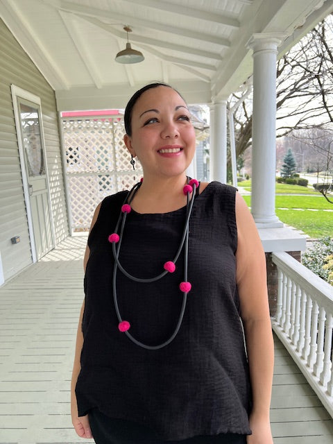 Long Rubber Necklace with Felt Beads (Teal or Pink)