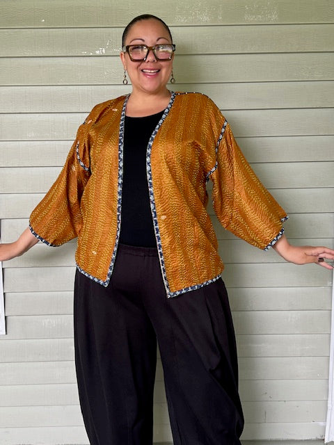 Reversible Silk Sari Kantha Kimono (Gold with Blue or Green with Gold)