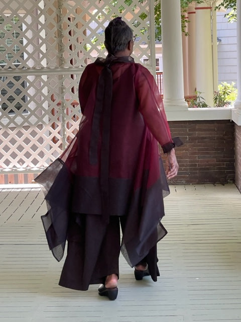 DTH 100% Silk Organza Long Tie-Back Top - Maroon & Black