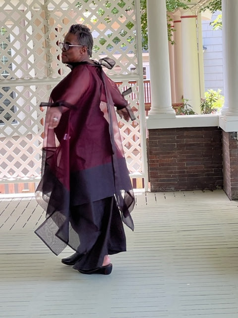 DTH 100% Silk Organza Long Tie-Back Top - Maroon & Black