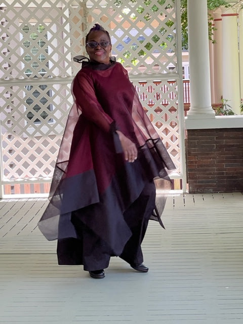 DTH 100% Silk Organza Long Tie-Back Top - Maroon & Black