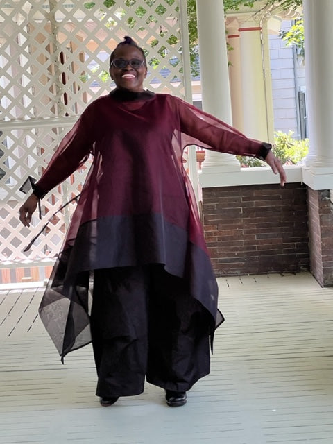 DTH 100% Silk Organza Long Tie-Back Top - Maroon & Black