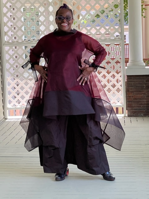DTH 100% Silk Organza Long Tie-Back Top - Maroon & Black