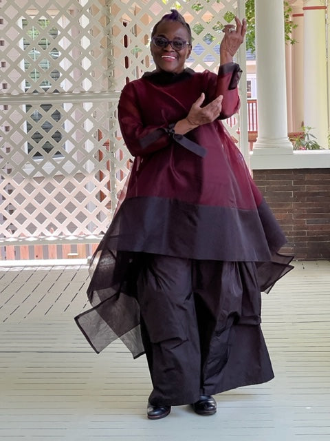 DTH 100% Silk Organza Long Tie-Back Top - Maroon & Black