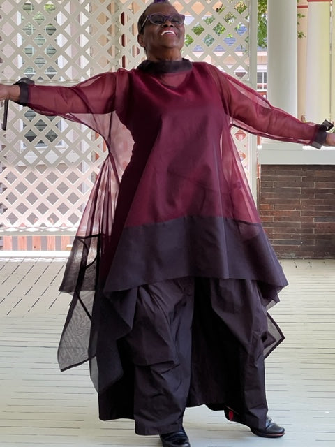 DTH 100% Silk Organza Long Tie-Back Top - Maroon & Black