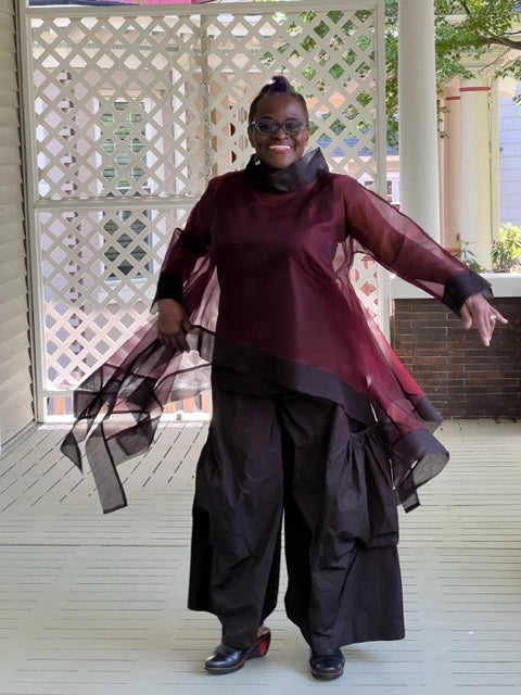 DTH 100% Silk Organza Short Waterfall Top - Maroon & Black