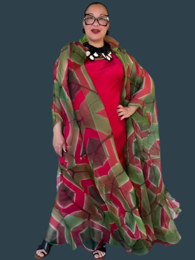 100% Hand Dyed Silk Organza Overlay Jacket ( Pink circles on green )