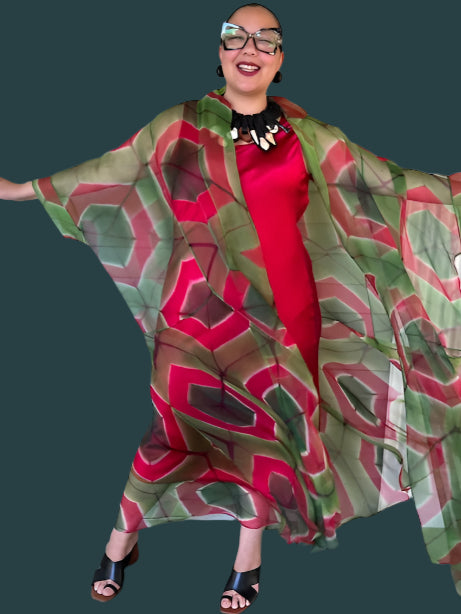 100% Hand Dyed Silk Organza Overlay Jacket ( Pink circles on green )