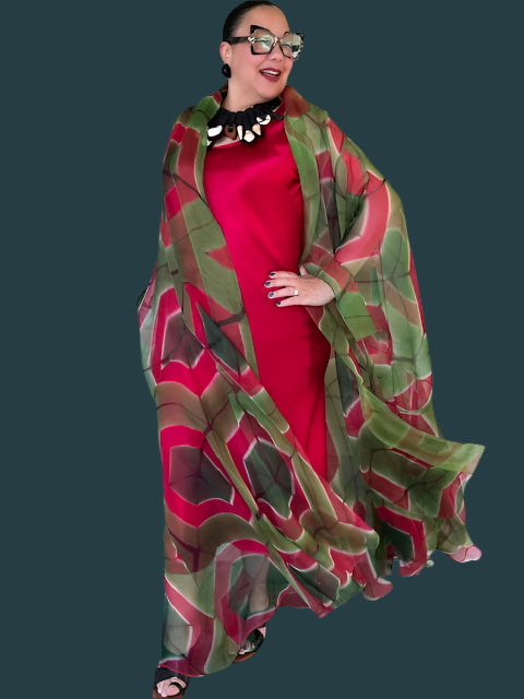 100% Hand Dyed Silk Organza Overlay Jacket ( Pink circles on green )