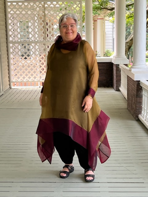 DTH 100% Silk Organza Long Top - Bronze/Maroon