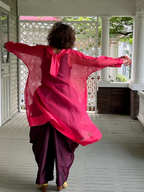 DTH 100% silk Hi Lo Coral Organza Top with Bow