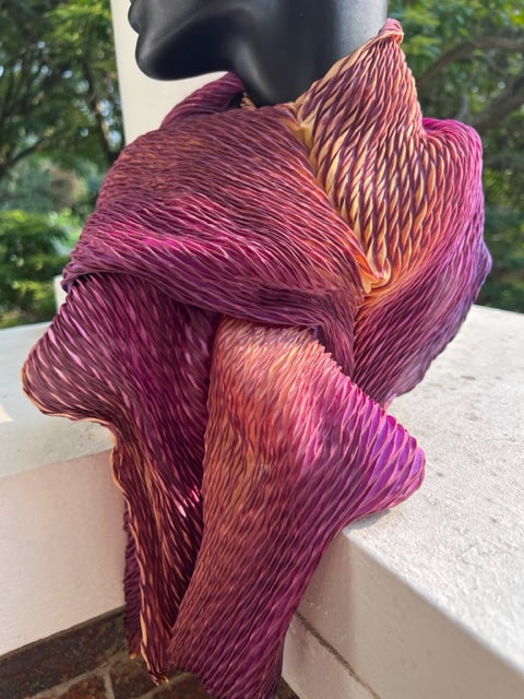 100% Silk Arashi Shibori Scarf -Purples/Yellow