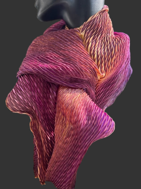 100% Silk Arashi Shibori Scarf -Purples/Yellow