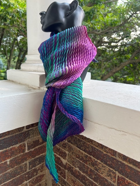 100% Silk Arashi Shibori Scarf -Blue/Greens