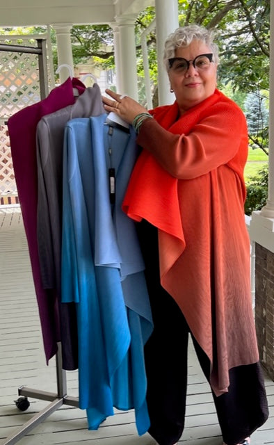 Vanite Couture Long Pleated Ombré Jacket (Orange, Blue, Gray, Fuchsia)