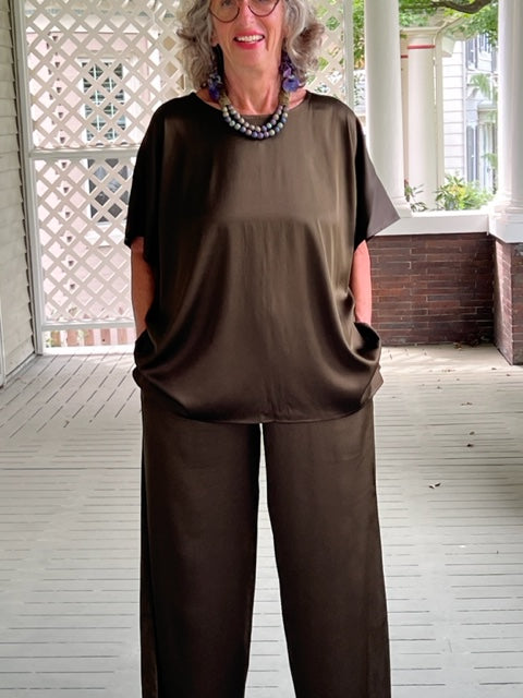 DTH Olive Silk Stretch Charmeuse Pants and Top (Sold Separately)