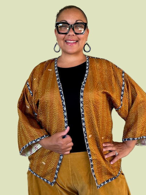 Reversible Silk Kantha Kimono Jacket (Gold/Blue/Green or Gold/Green/Red)