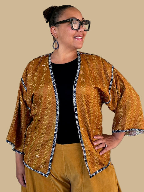 Reversible Silk Kantha Kimono Jacket (Gold/Blue/Green or Gold/Green/Red)