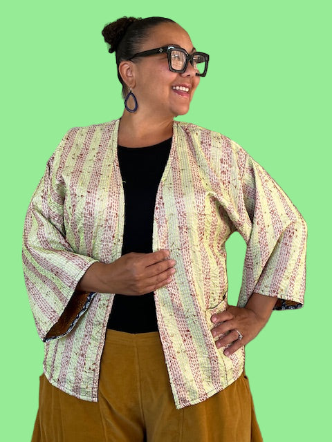 Reversible Silk Kantha Kimono Jacket (Gold/Blue/Green or Gold/Green/Red)