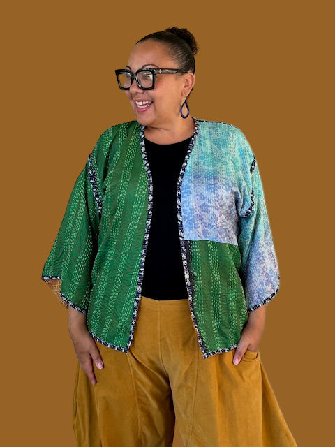 Reversible Silk Kantha Kimono Jacket (Gold/Blue/Green or Gold/Green/Red)