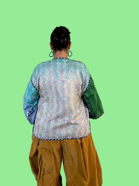 Reversible Silk Kantha Kimono Jacket (Gold/Blue/Green or Gold/Green/Red)