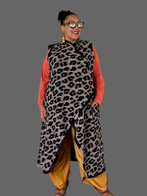 Alembika Savage Cozy Draped Long Vest, Leopard Print