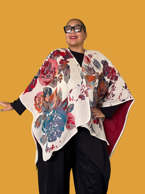Lacy Reversible Ruana Wrap (Red/Cream)
