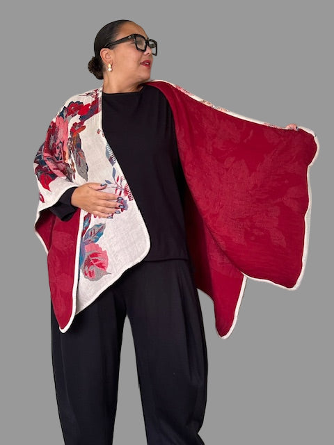 Lacy Reversible Ruana Wrap (Red/Cream)