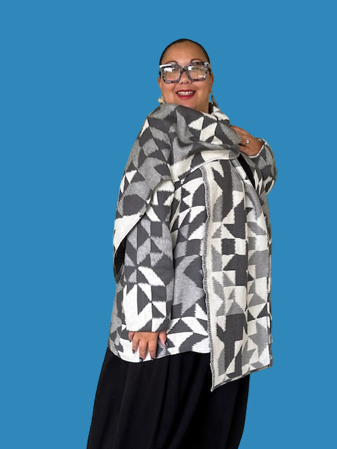 Herring Bone Sweater Jacket Wrap Coat with Scarf