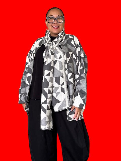 Herring Bone Sweater Jacket Wrap Coat with Scarf