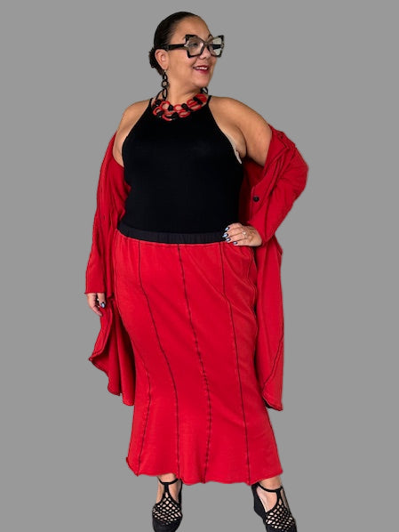 Cheyenne 100% Cotton Ruby Panel Skirt With Black Stitched Detail