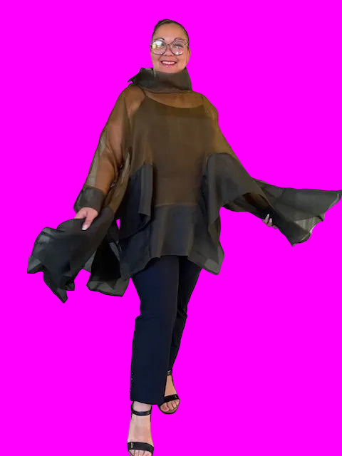 DTH 100% Silk Organza Waterfall Top - Tobacco and Dark Forest Green
