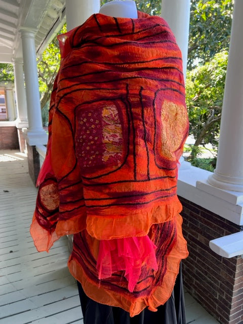 Orange Magic Felted Wool Scarf/Shawl