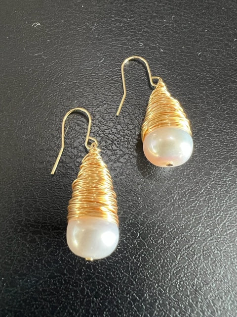 Gold Wire Wrapped Earrings with Pearl