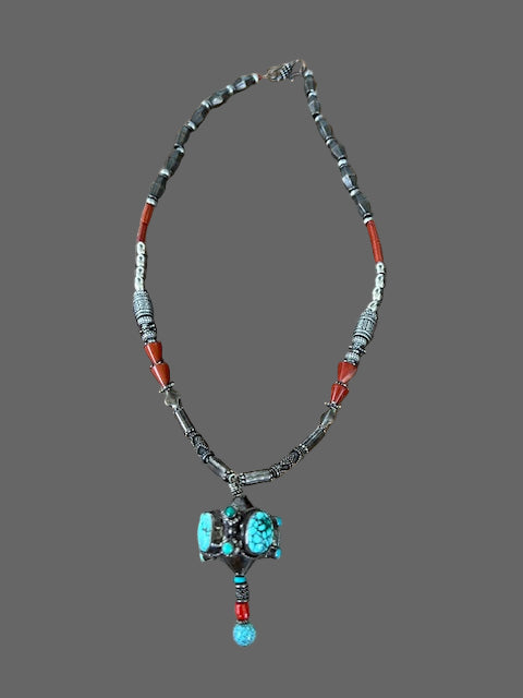 Antique Tibetan Coral/Turquoise Hand Carved Necklace