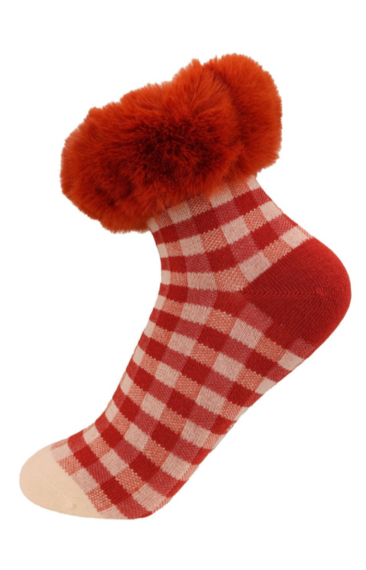 Silk Blend Faux Fur Socks - Red Plaid