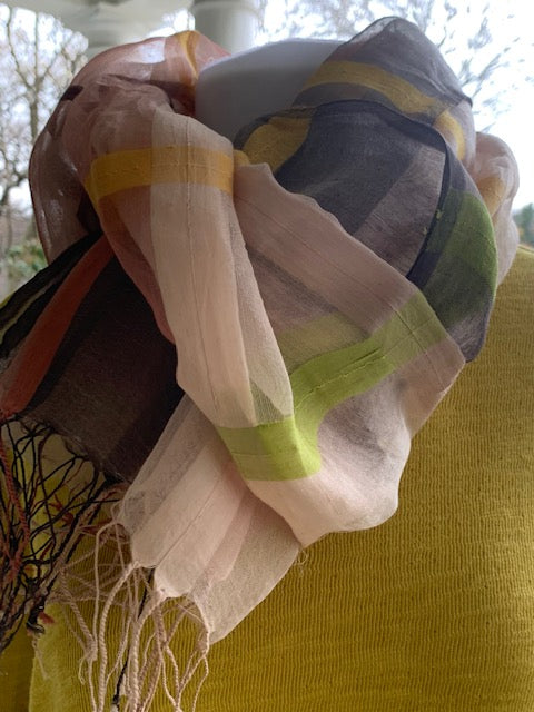 Hand Woven Box Design Scarf (Ecru, Blue, Light Grey)