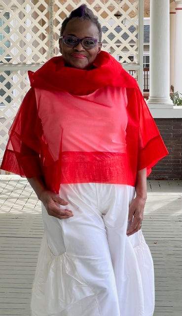 DTH 100% Red Silk Organza Top with Petal Collar