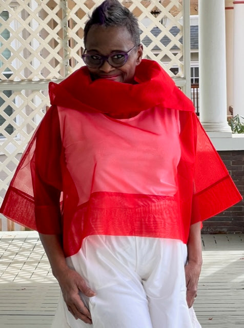 DTH 100% Red Silk Organza Top with Petal Collar