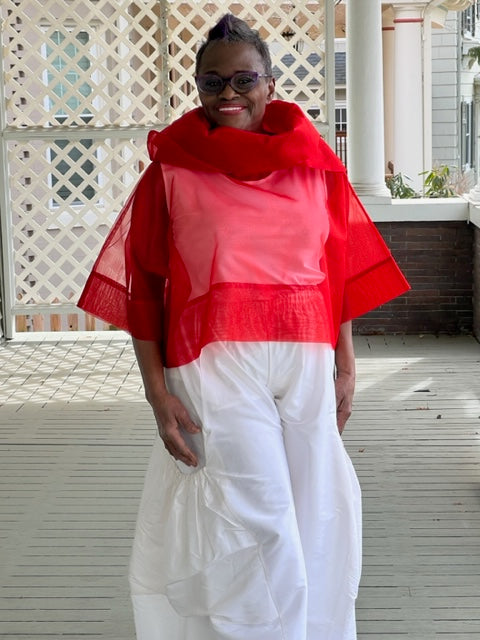 DTH 100% Red Silk Organza Top with Petal Collar