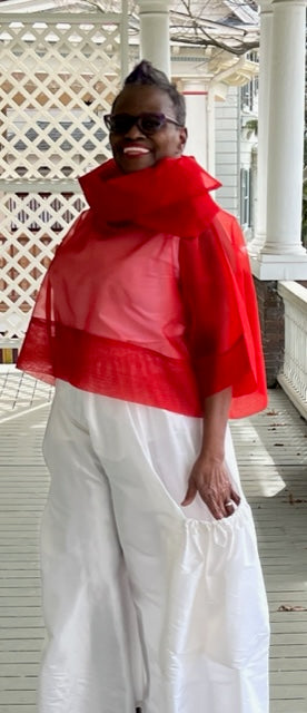 DTH 100% Red Silk Organza Top with Petal Collar