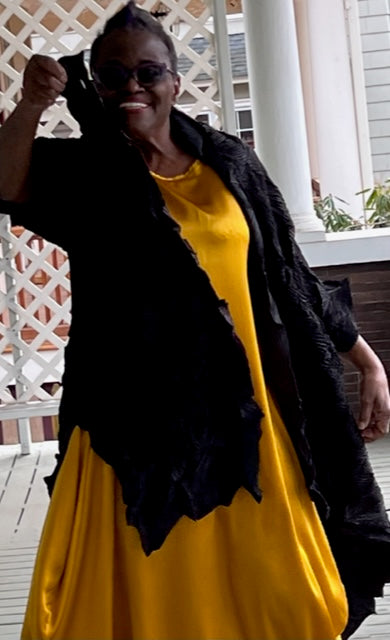 Vanite Couture Black Pleated Duster with Button Closure