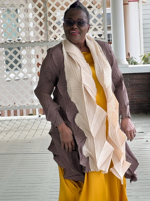 Vanite Couture Two-Tone Pleated Jacket (Taupe & Cream or Mustard & Cream)