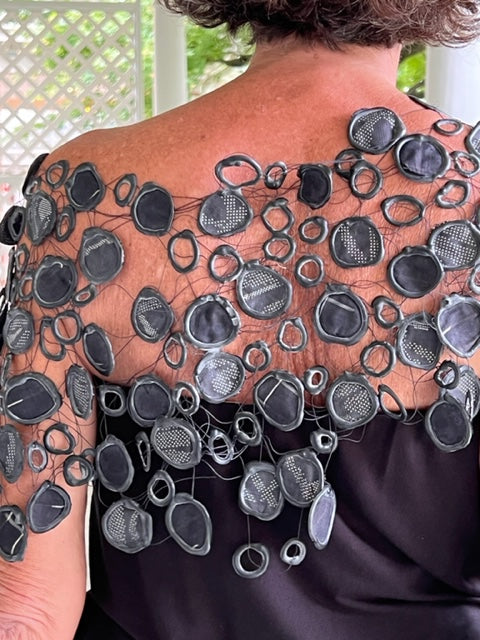 Upcycled Rubber and Antique Kimono Silk Shrug - Black